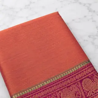 Coral Orange Chettinad Cotton — Magenta Border