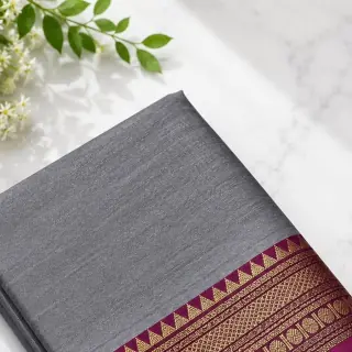 Grey Chettinad Cotton — Magenta & Gold Zari Border