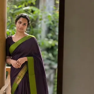 Deep Plum Handwoven Chettinad Cotton — Olive Border